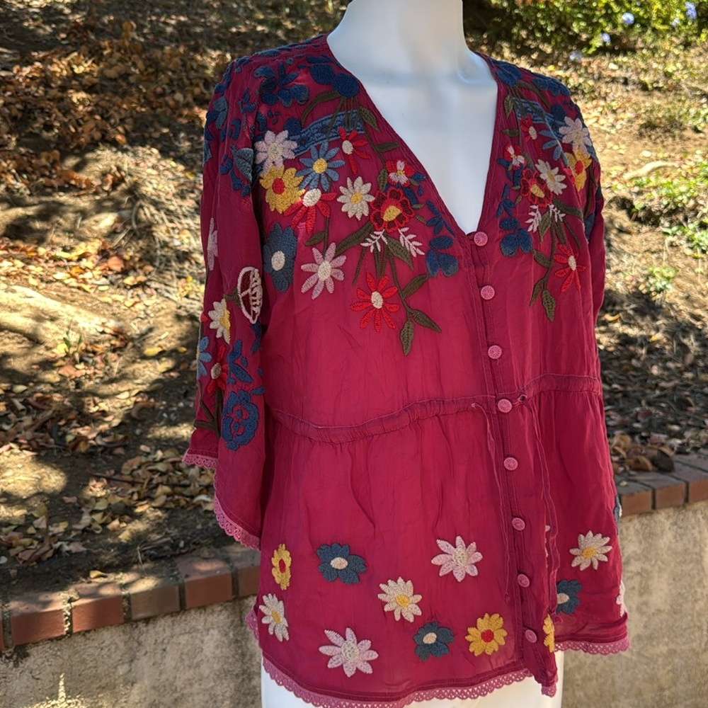 Johnny was maroon 3/4 sleeve tie waist  sz M embroidered EDITH BLOUSE